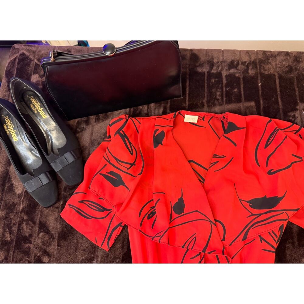 80s Vintage Secretary Boss Lady Red Dress Size S Pre-Owned - Picture 5 of 13